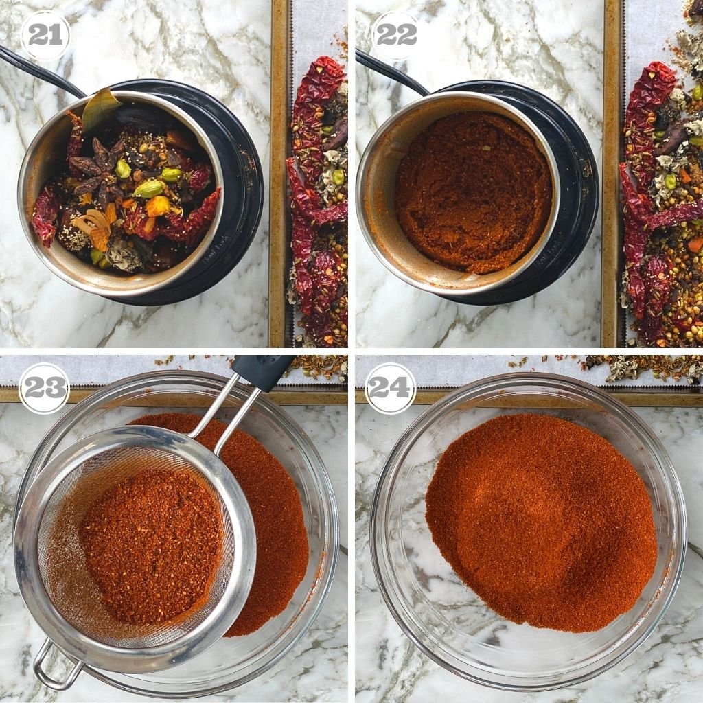 photos twenty one through twenty four showing roasted spices and ground garam masala