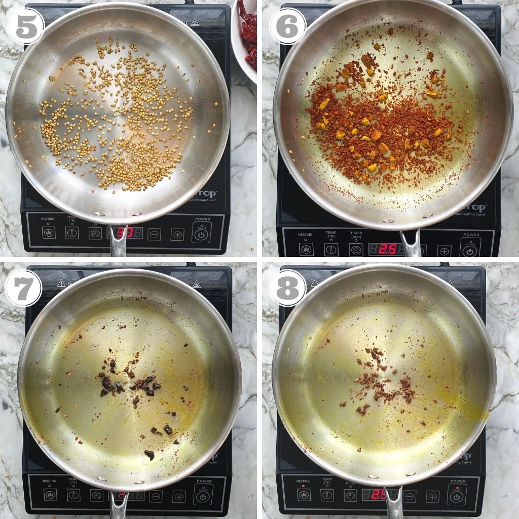 photos five through eight showing how to roast coriander seeds, turmeric, asafetida and nutmeg 