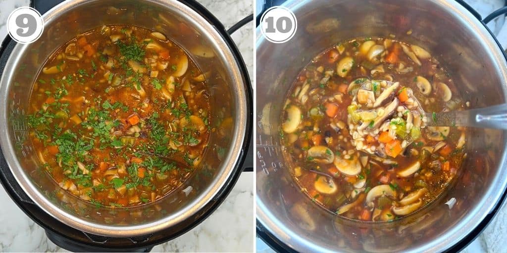 photos nine and ten showing mushroom barley soup in the Instant Pot 