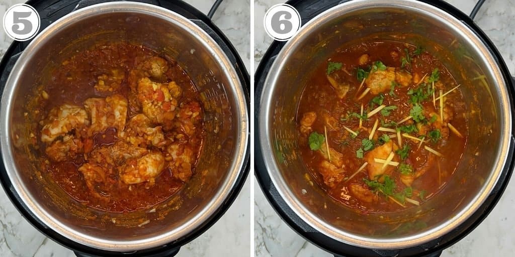 Chicken Karahi in the Instant pot garnished with cilantro and ginger