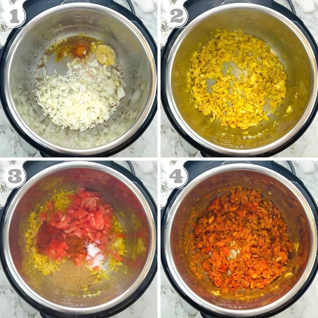 steps showing toasting cumin seeds and sauteeing ginger, garlic, onions in Instant Pot. Adding tomatoes and spices to onions in Instant Pot