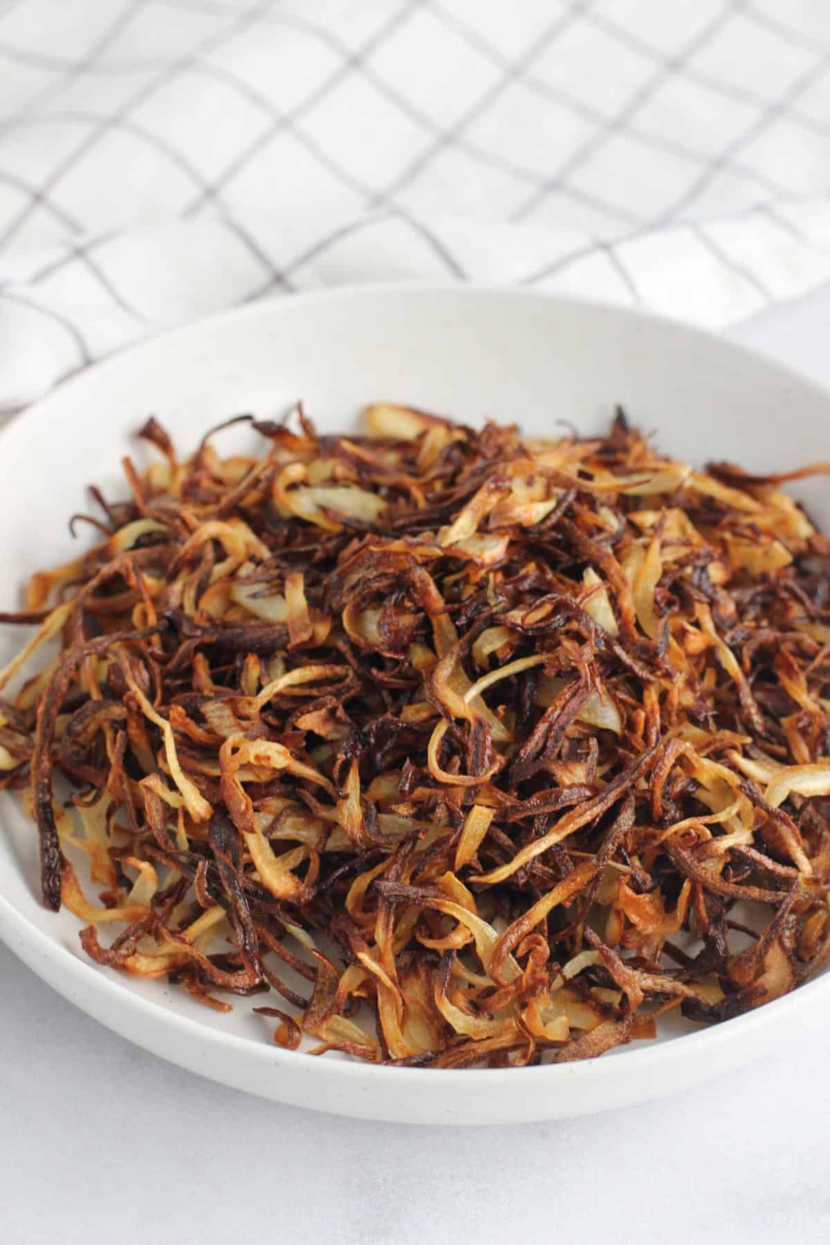 fried onions in a white bowl