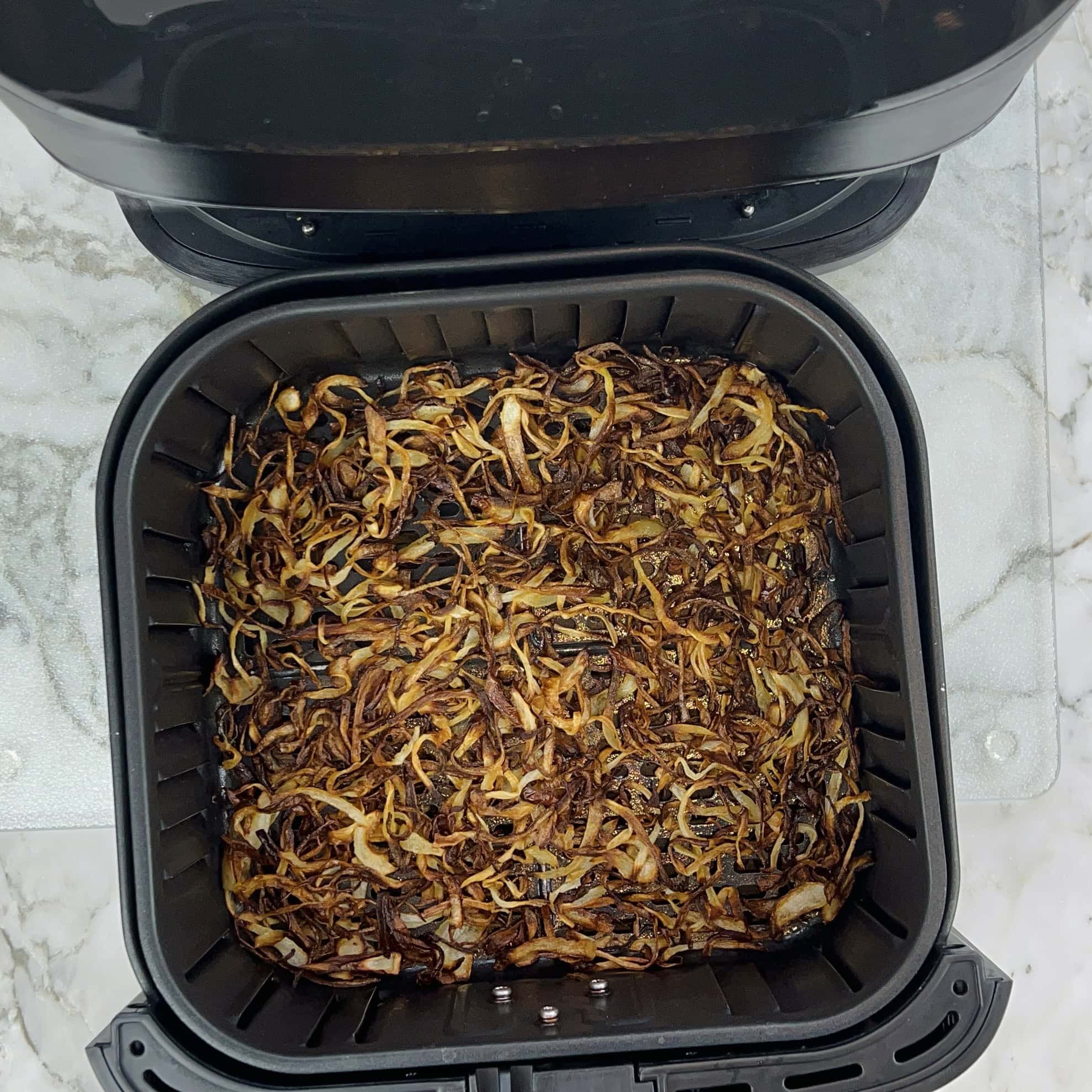 sliced onions after cooking for 20 mins in the air fryer 