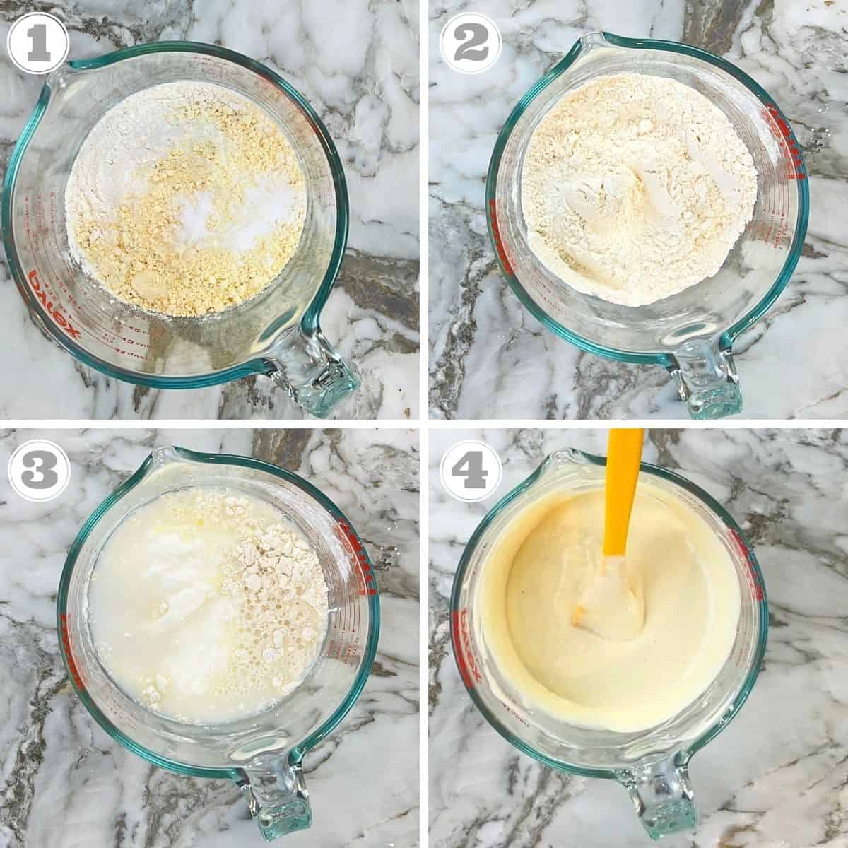 photos one through four showing how to make Jalebi batter 