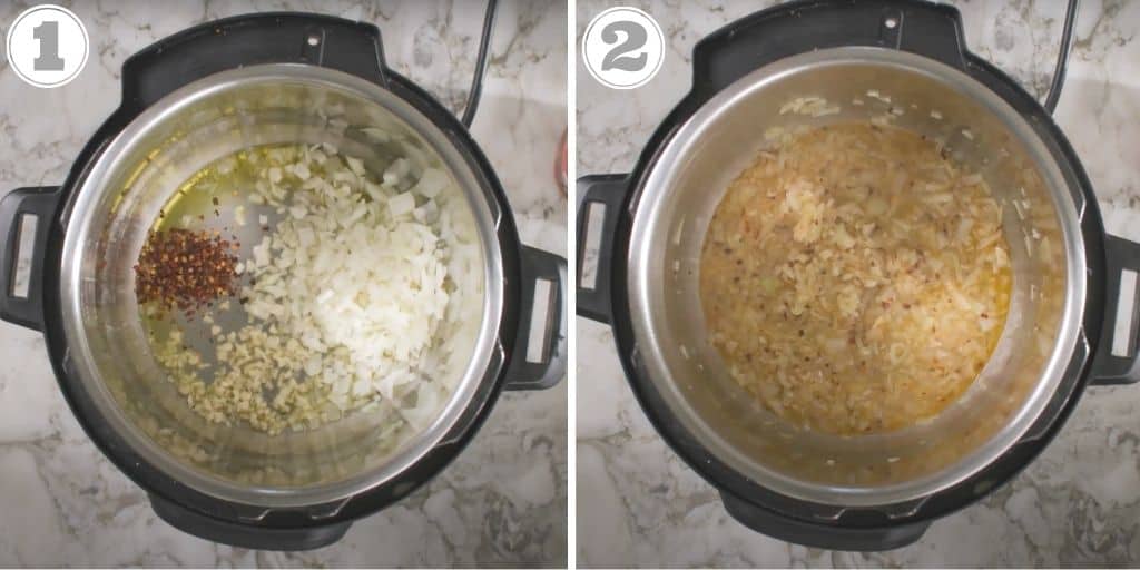 photos one and two showing sautéing aromatics in the Instant Pot