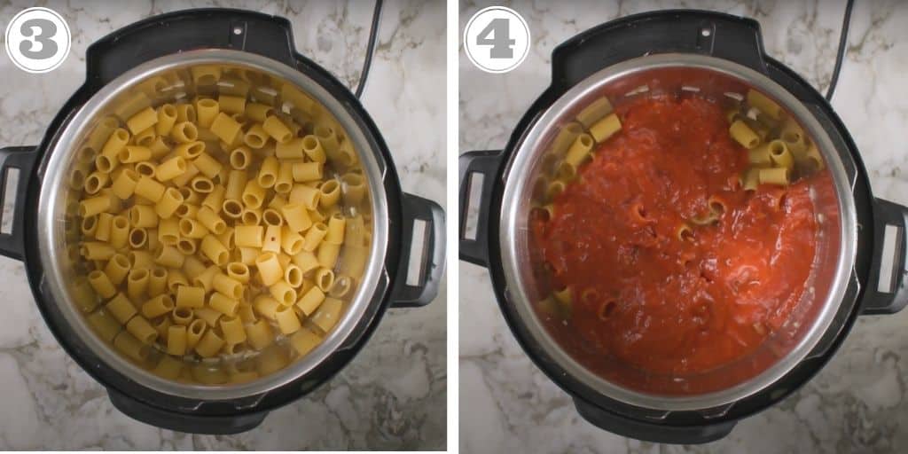 photos three and four showing cooking of pasta in the Instant Pot 