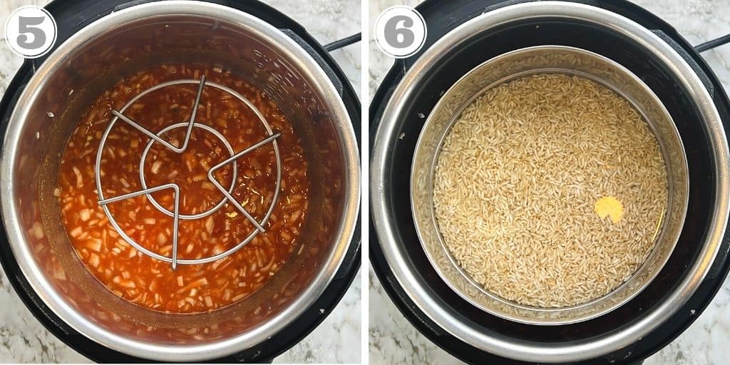 photos five and six showing how to make pot in pot rice in the Instant Pot Pressure Cooker 