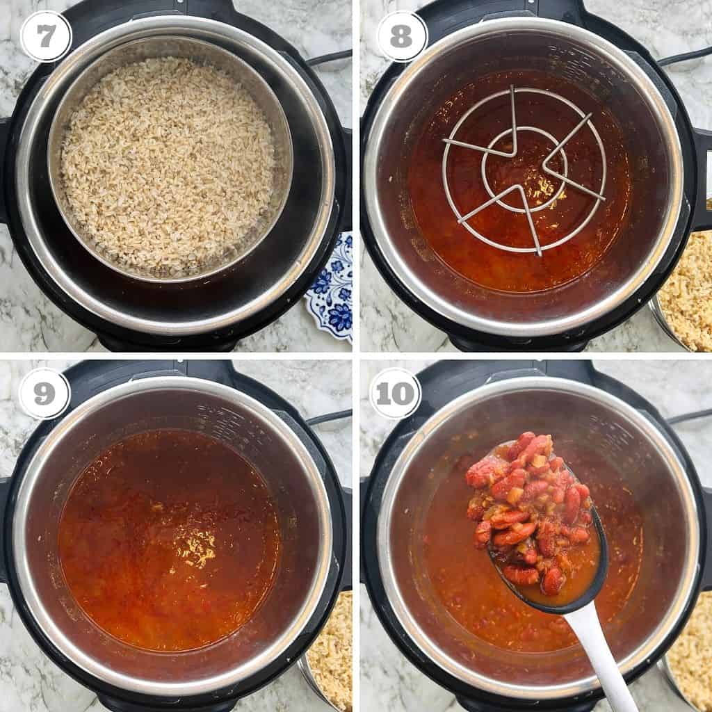 Photos seven through ten showing cooked brown rice and rajma in Instant Pot 