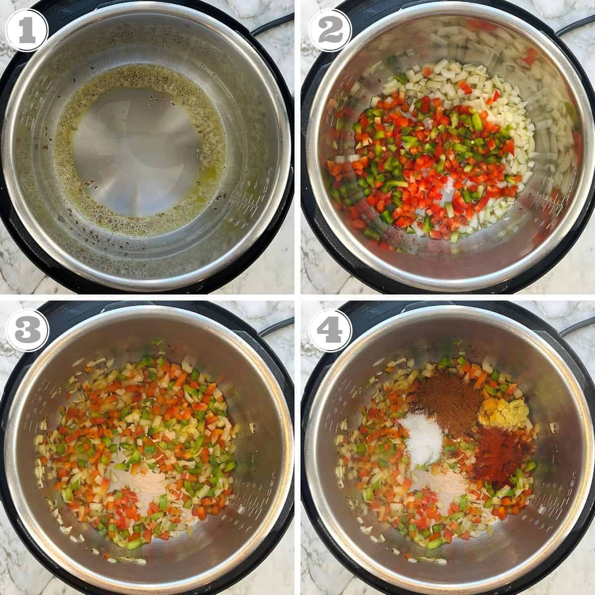photos one through four showing sauteeing spices and aromatics in the Instant Pot 
