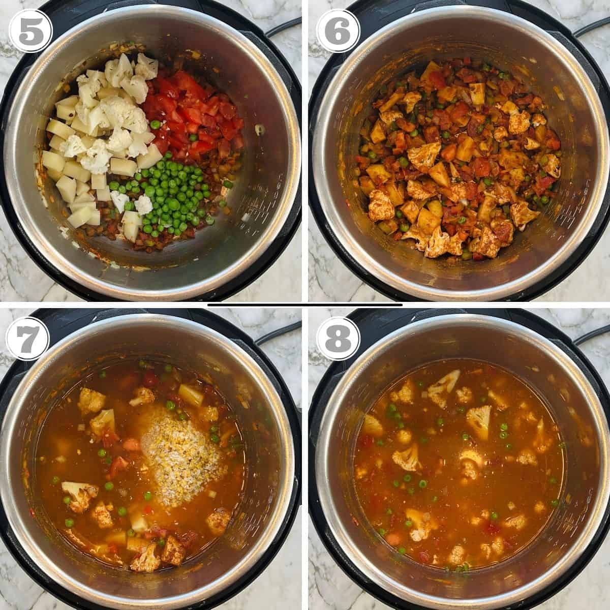 photos five through eight showing how to make instant pot khichdi 