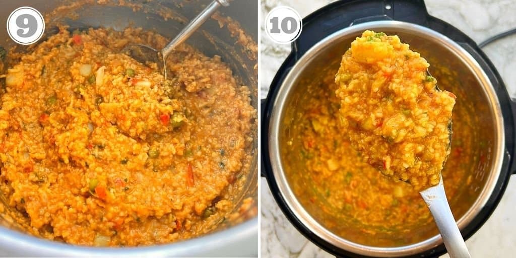photos nine and ten showing pav bhaji khichdi in the Instant Pot 