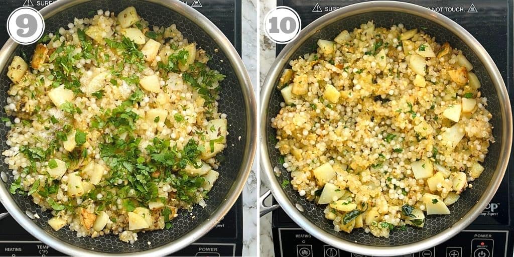 photos nine and ten showing sabudana khichdi garnished with cilantro
