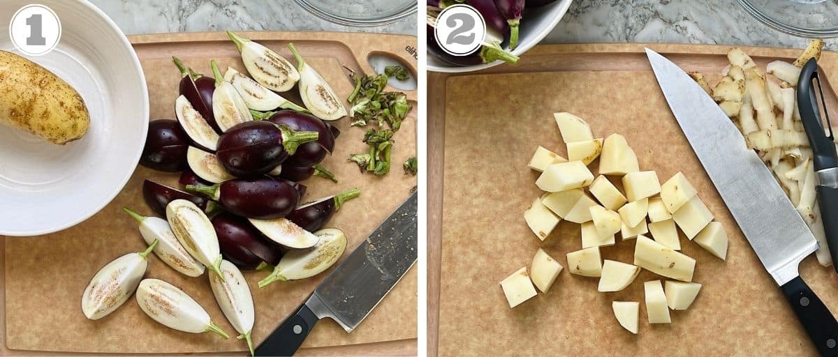 prepping baby eggplant and potato 