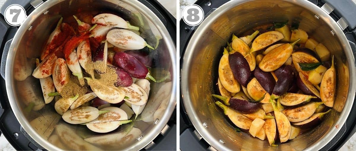 steps seven and eight showing how to cook eggplant curry in the Instant Pot 