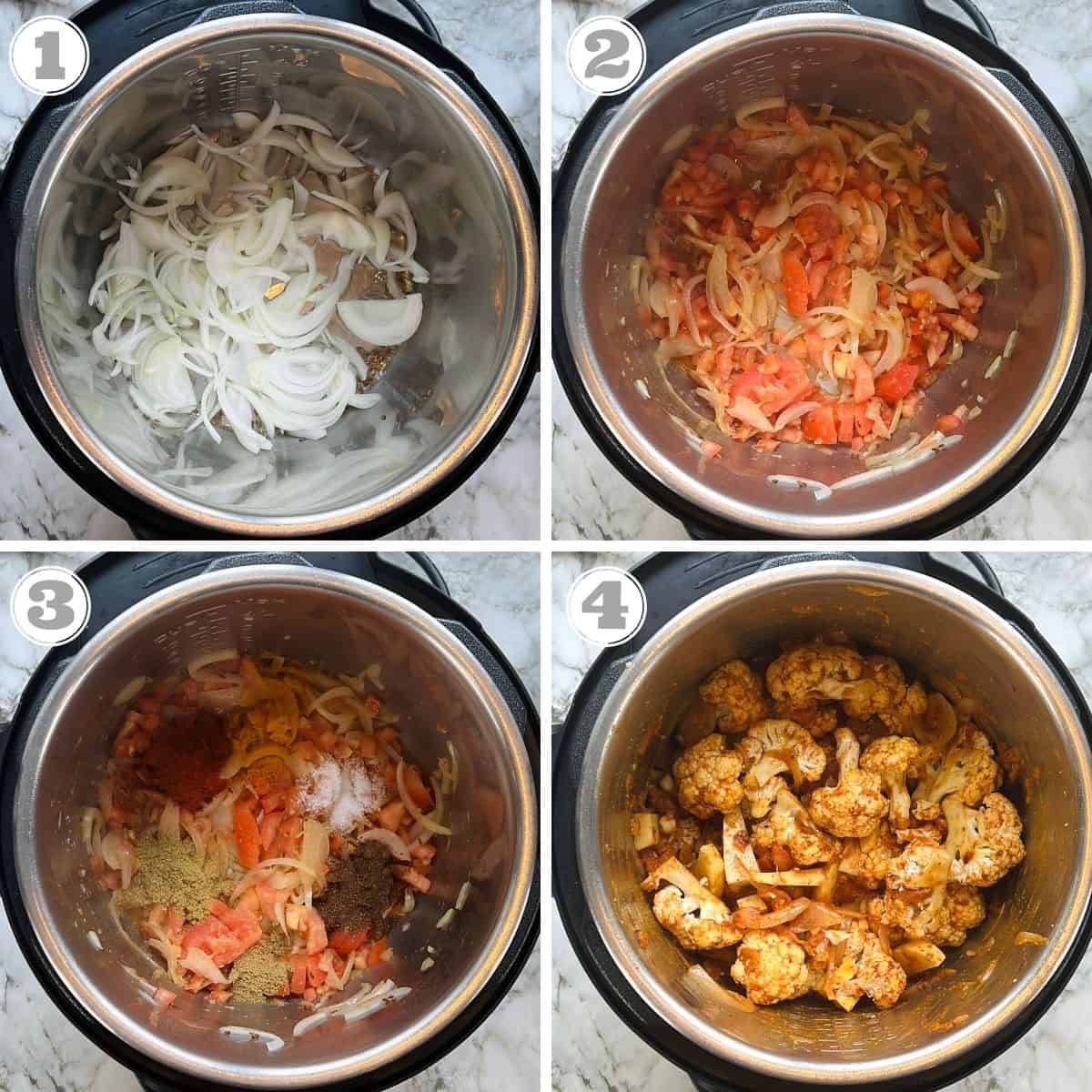 photos one through four showing how to make aloo gobi in the Instant Pot 