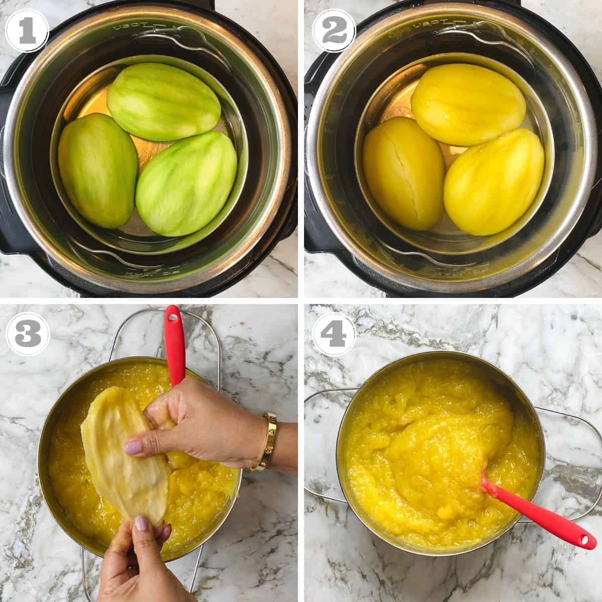 photos one through four showing how to cook the raw mangos for panna