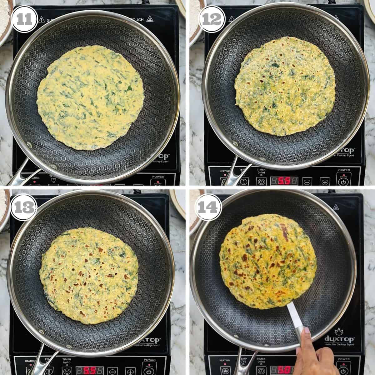 photos eleven through fourteen showing parathas cooked on a pan