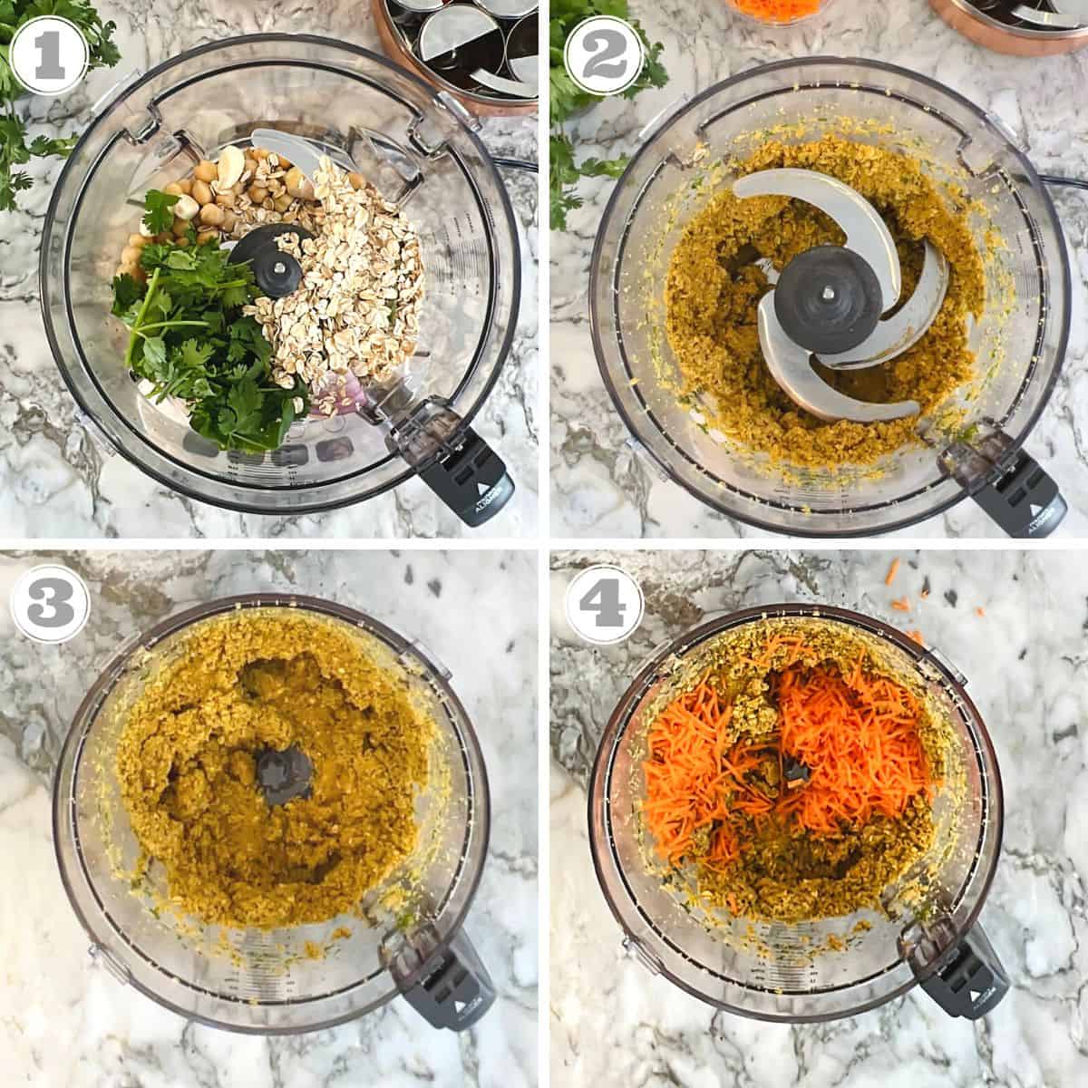 photos one through four showing how to make the chickpea patty mixture 