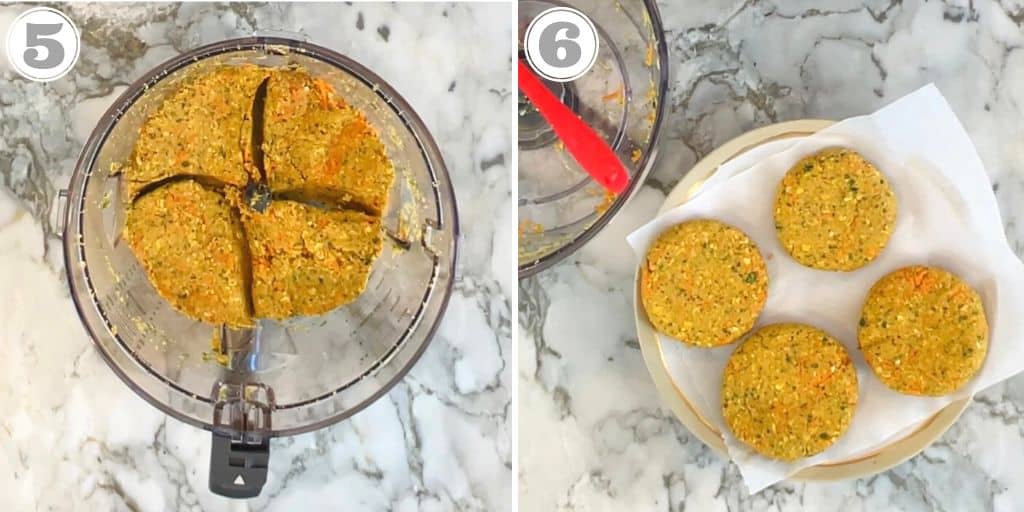 photos five and six showing uncooked veggie burger patties 