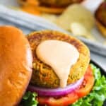 chickpea burger served on brioche bun with sriracha mayo