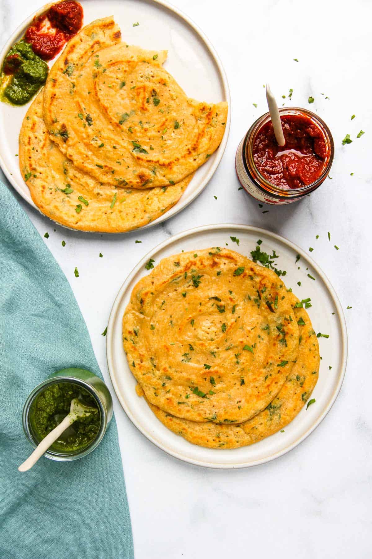 masoor dal chilla served with chutneys.