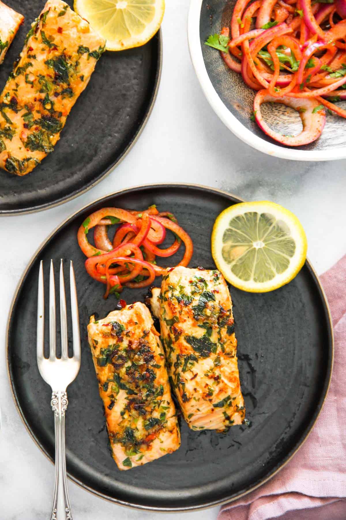 pan fried salmon with garlic and fenugreek