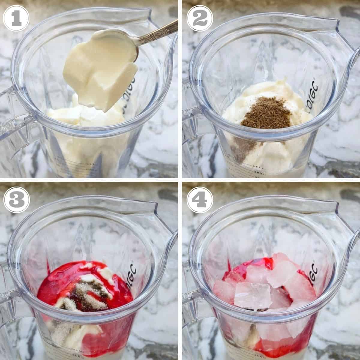 photo one through four showing how to make lassi in a blender 