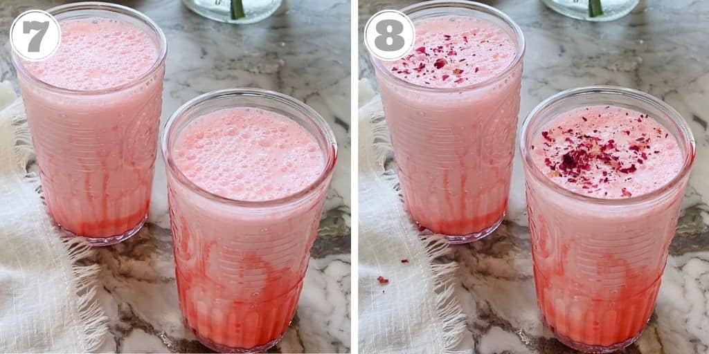 photos seven and eight showing mango lassi poured in two classes,  garnished with rose petals 