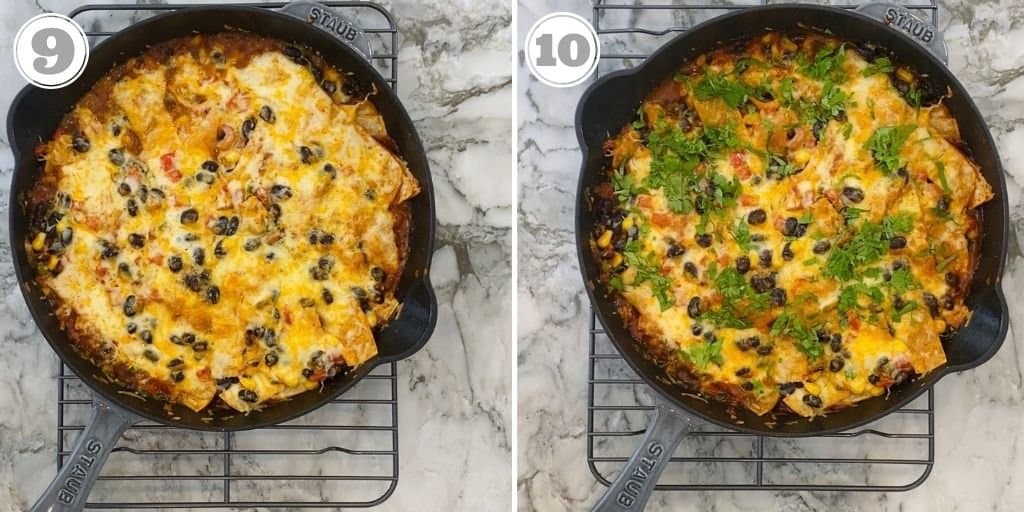steps nine and ten with finished casserole garnished with cilantro 