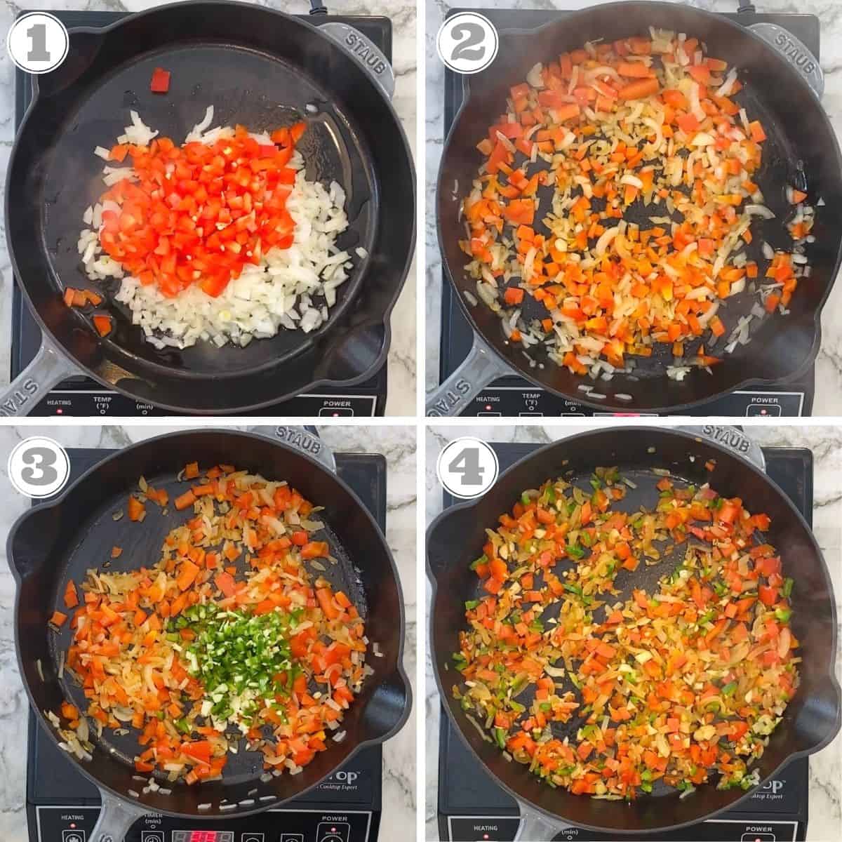 steps one through four showing how to saute veggies for enchilada casserole 