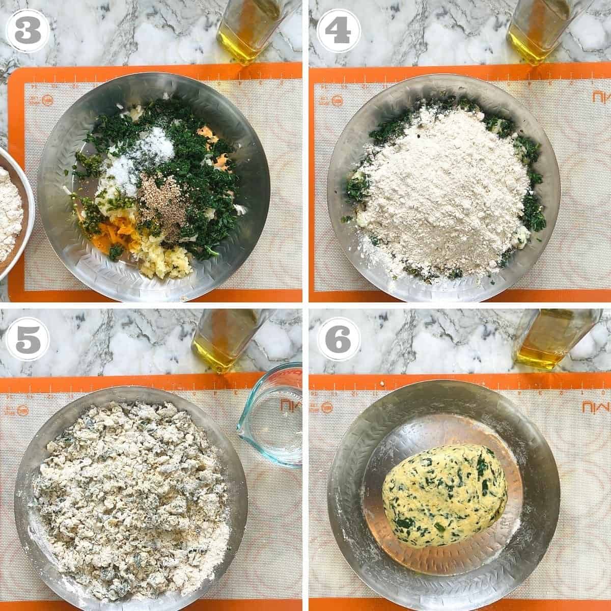 photos three through six showing how to make kale paratha dough 