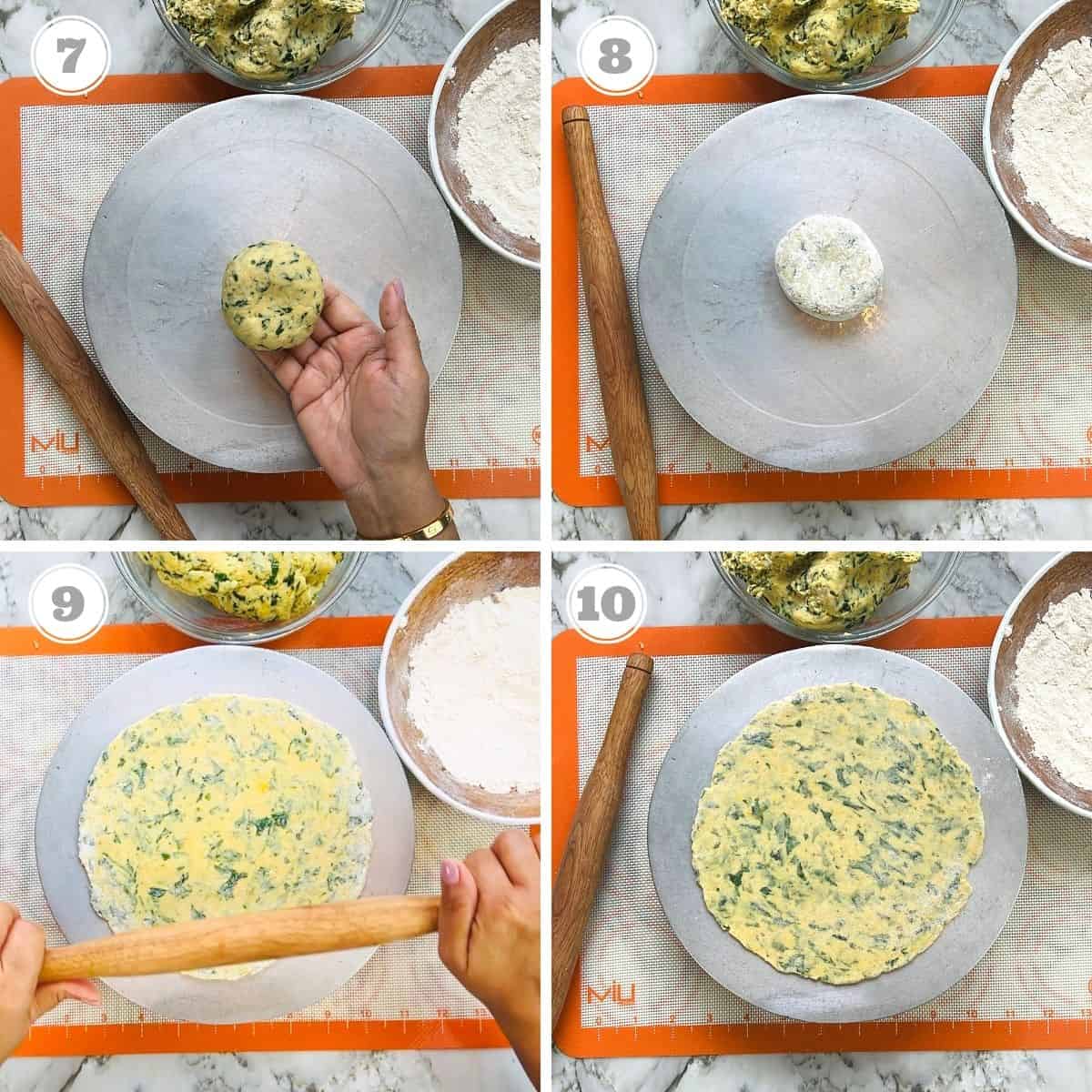 photos seven through ten showing how to roll parathas 