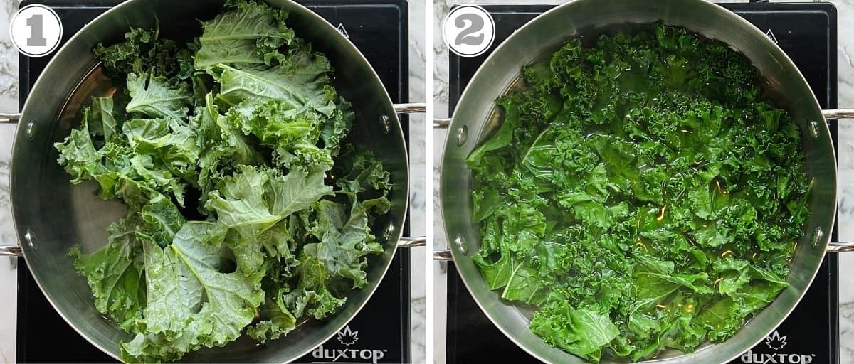 photos one and two showing how to blanch kale 
