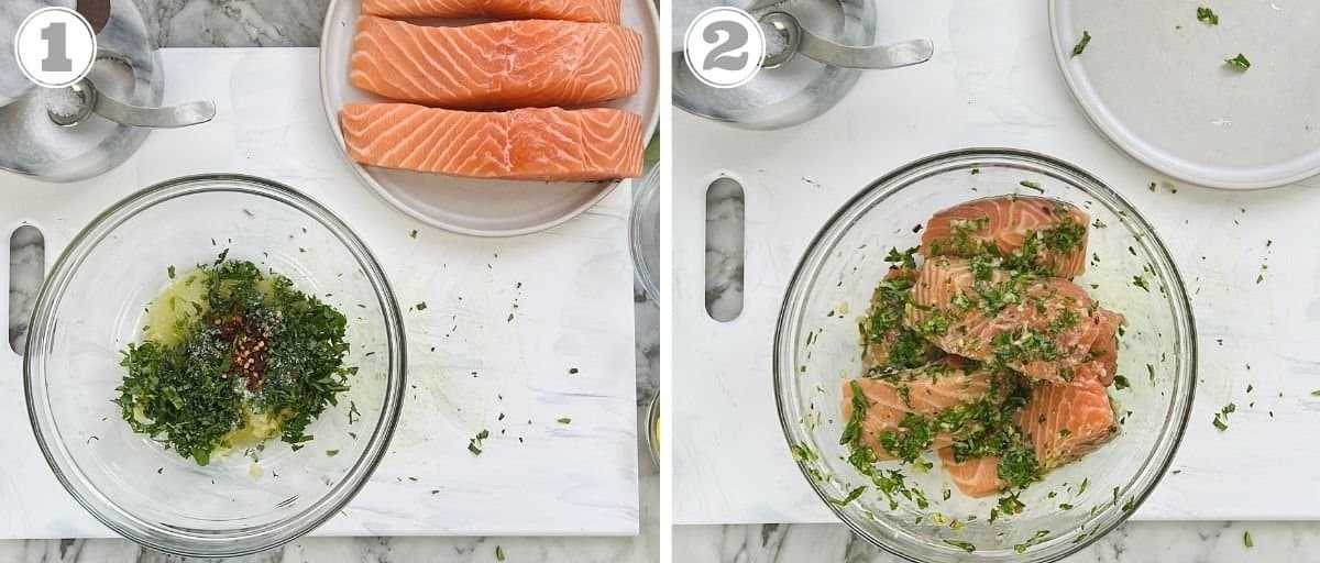 photos one and two showing how to marinade salmon 