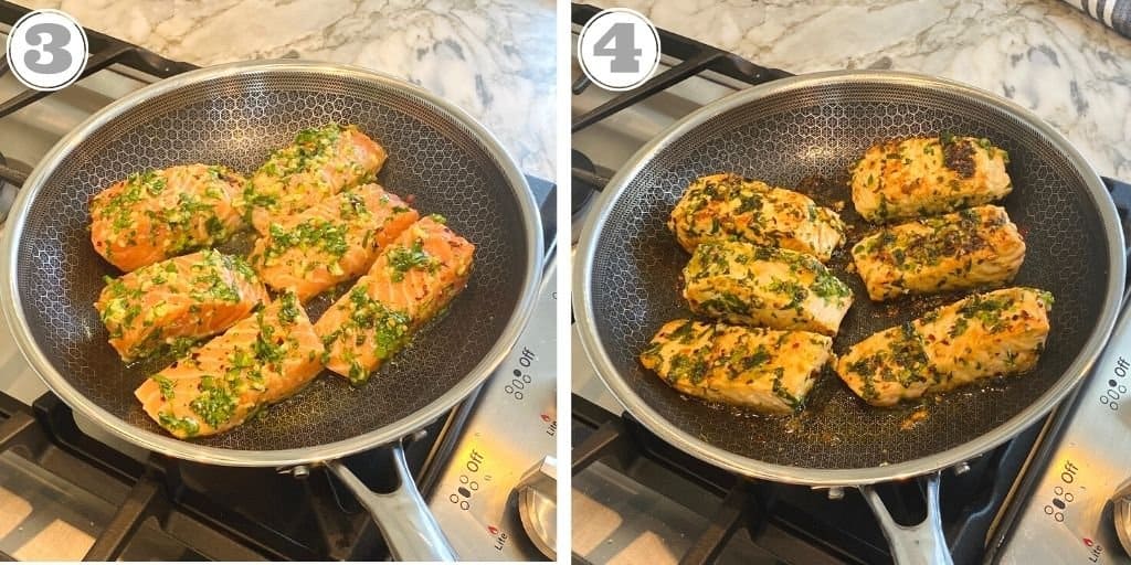 photos three and four showing  cooked salmon in a pan 