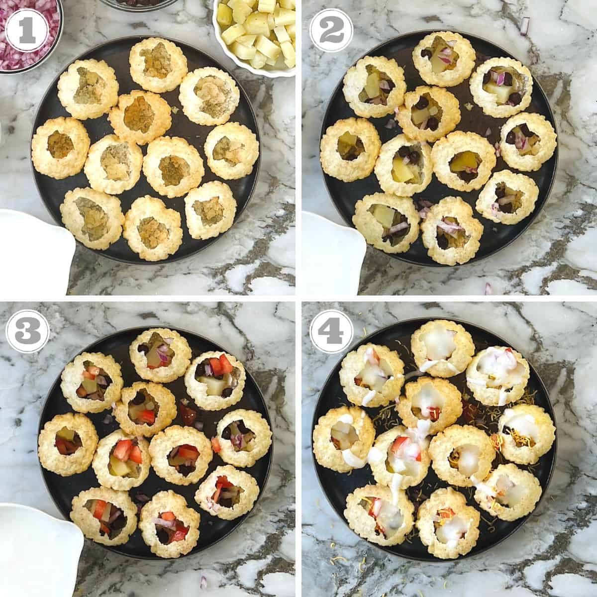 photos one through four showing how to assemble dahi puri 