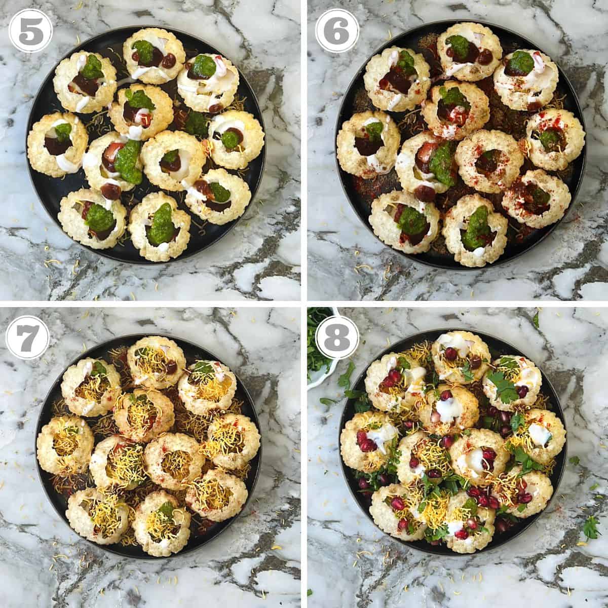 photos five through eight showing how to assemble dahi puri 