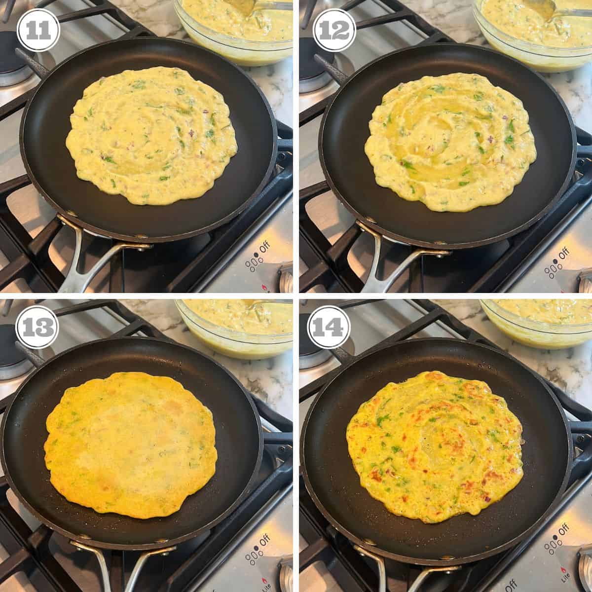 photos eleven through fourteen showing how to cook mung dal chilla 