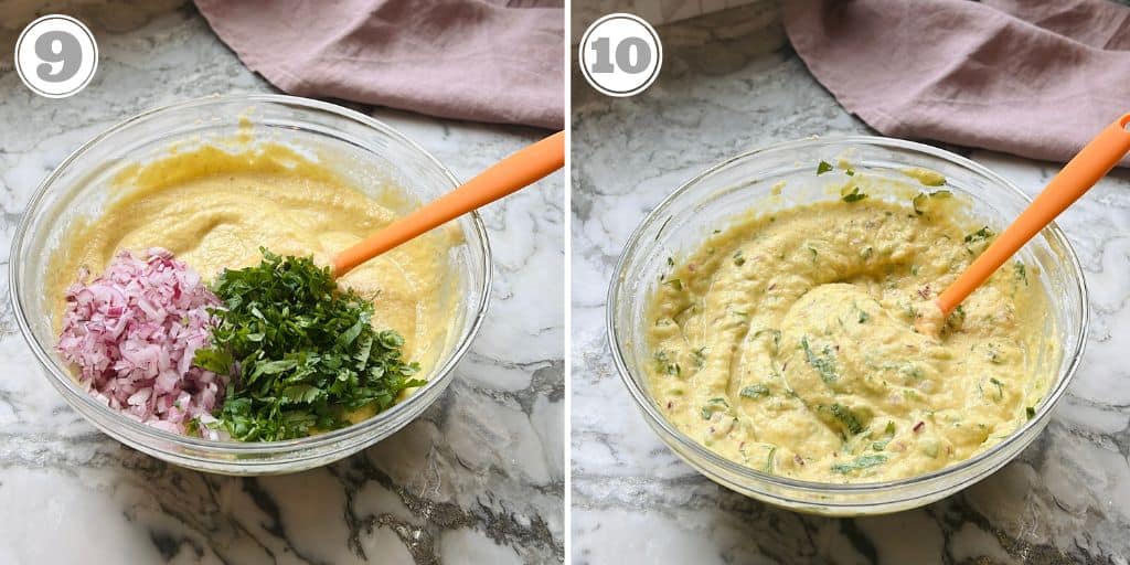 photos nine and ten showing how to Moong Dal  batter with onions and cilantro  