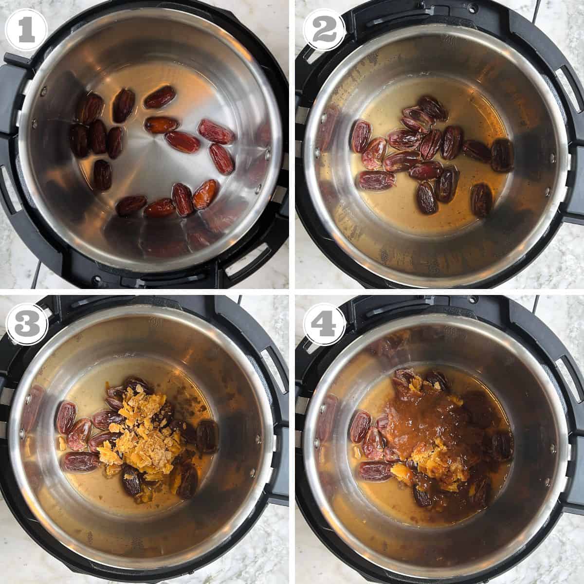photos one through four showing how to make tamarind chutney in the Instant Pot 