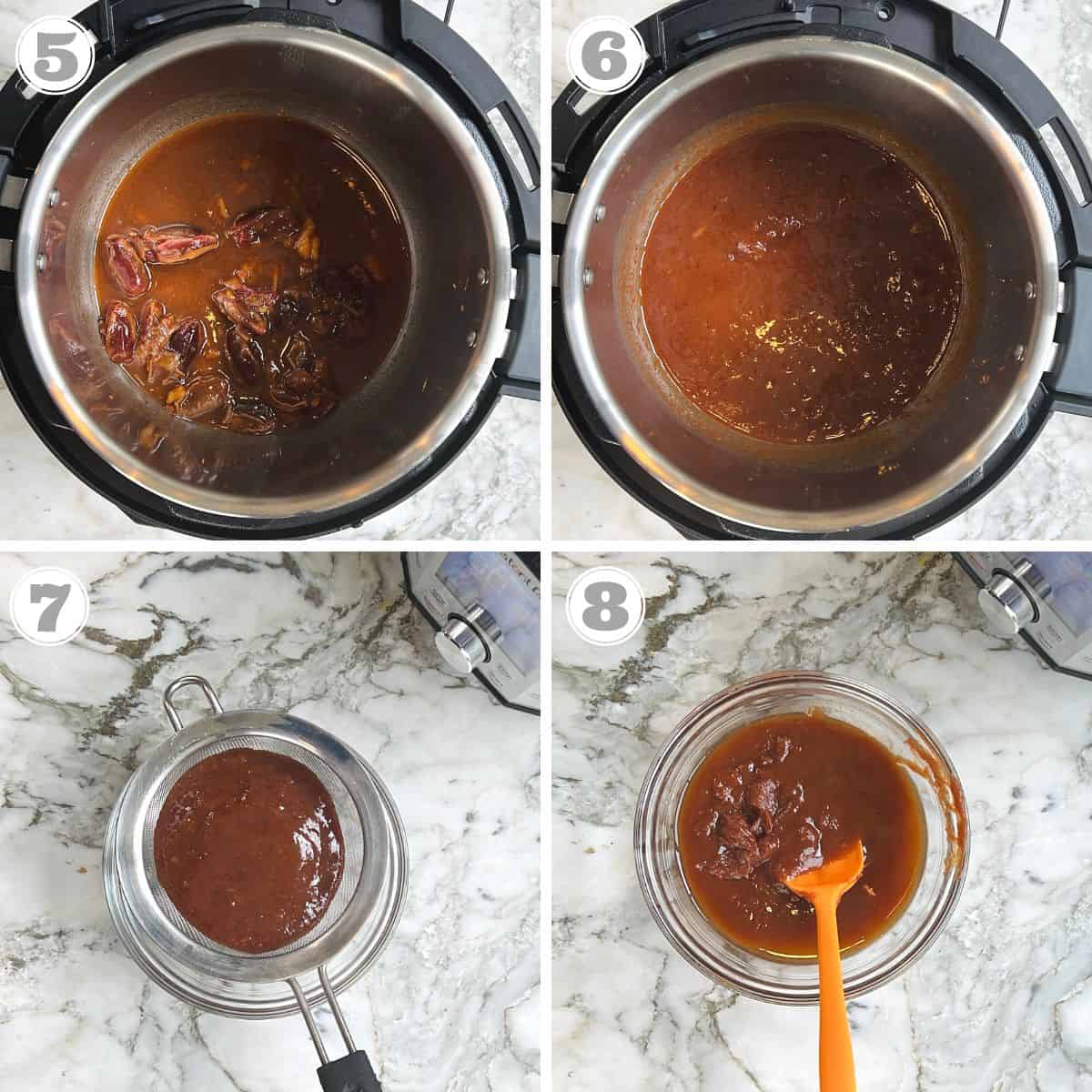 photos five through eight showing cooked tamarind chutney being strained 