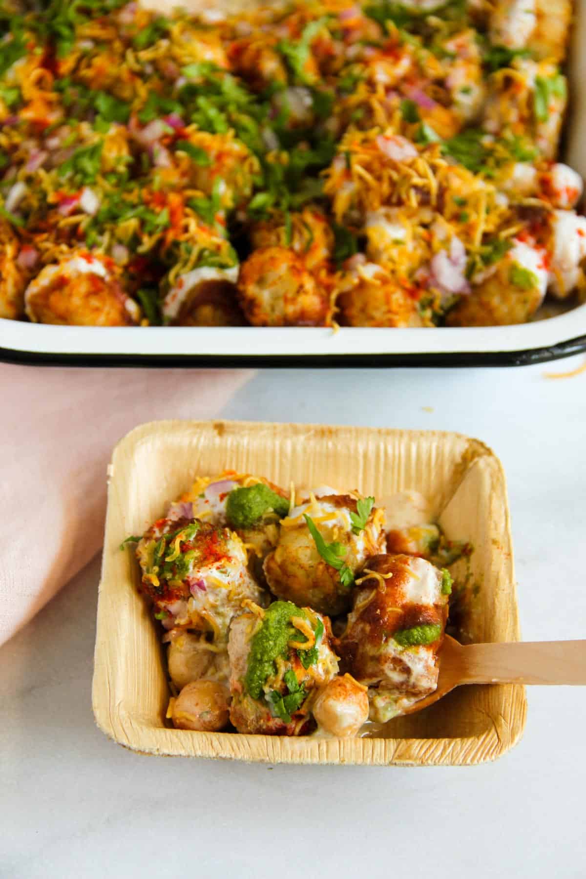 Tater Tots chaat served in an individual bowl 