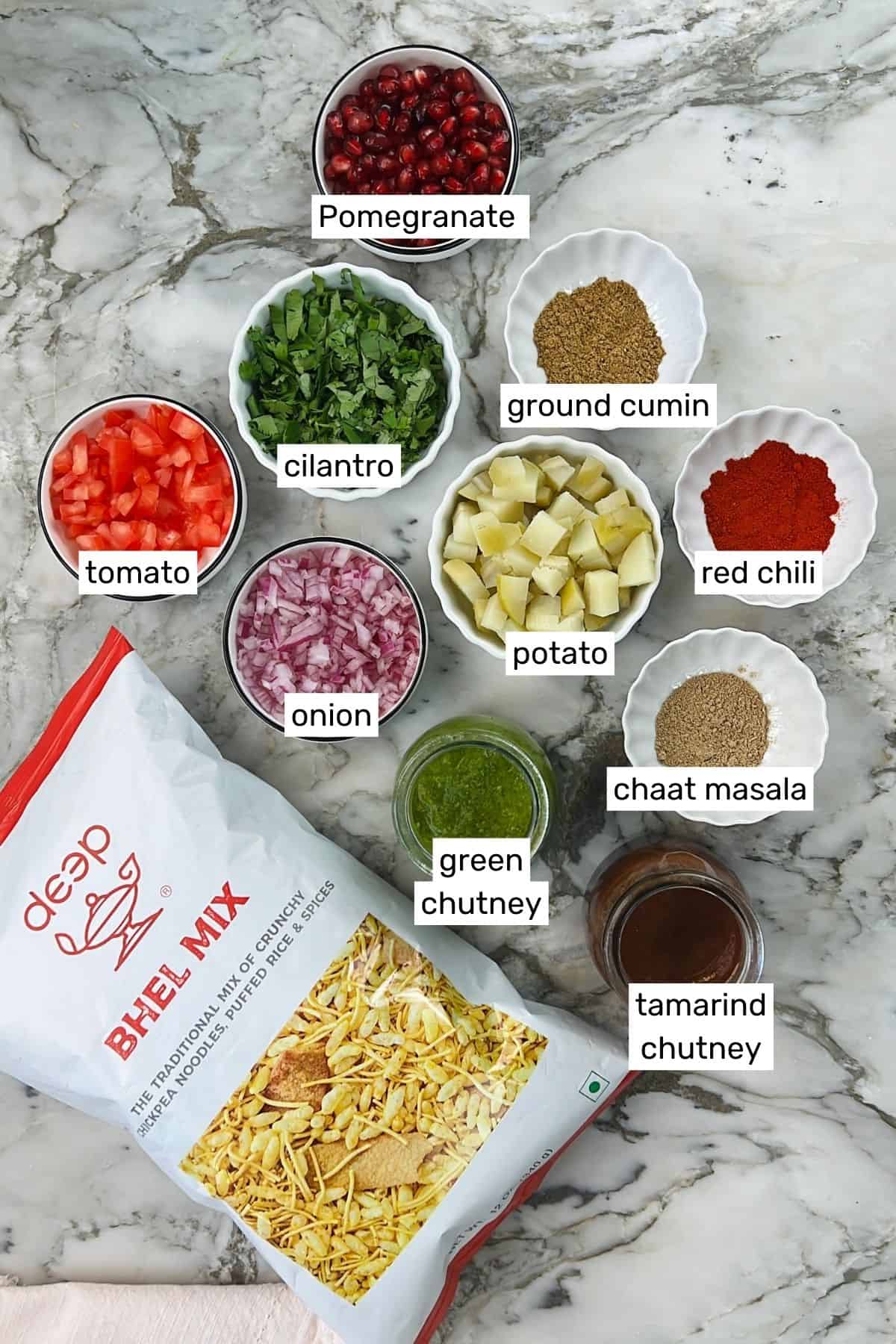 Ingredients for Bhel Puri in individual bowls 