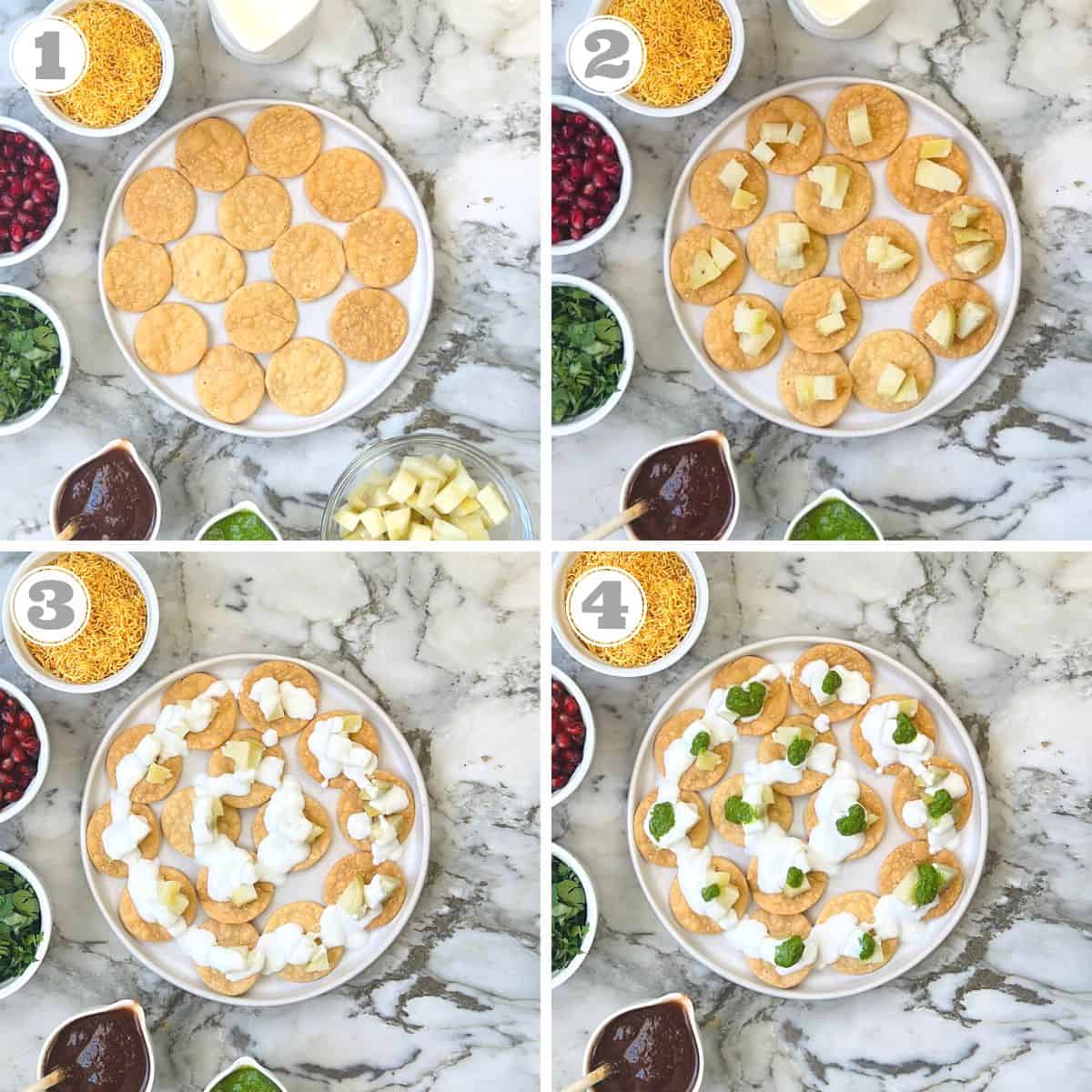 photos one through four showing how to assemble papdi chat 