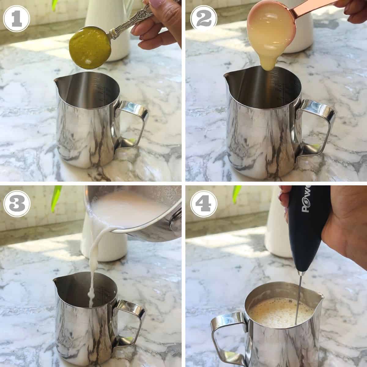 Photos one through four showing how to make the frothy milk for pistachio latte 