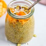 mango chia pudding in a glass jar