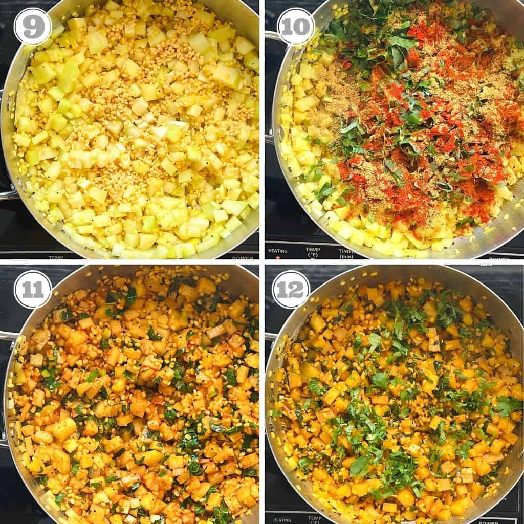 photos nine through twelve showing adding spices and garnish to the pot 