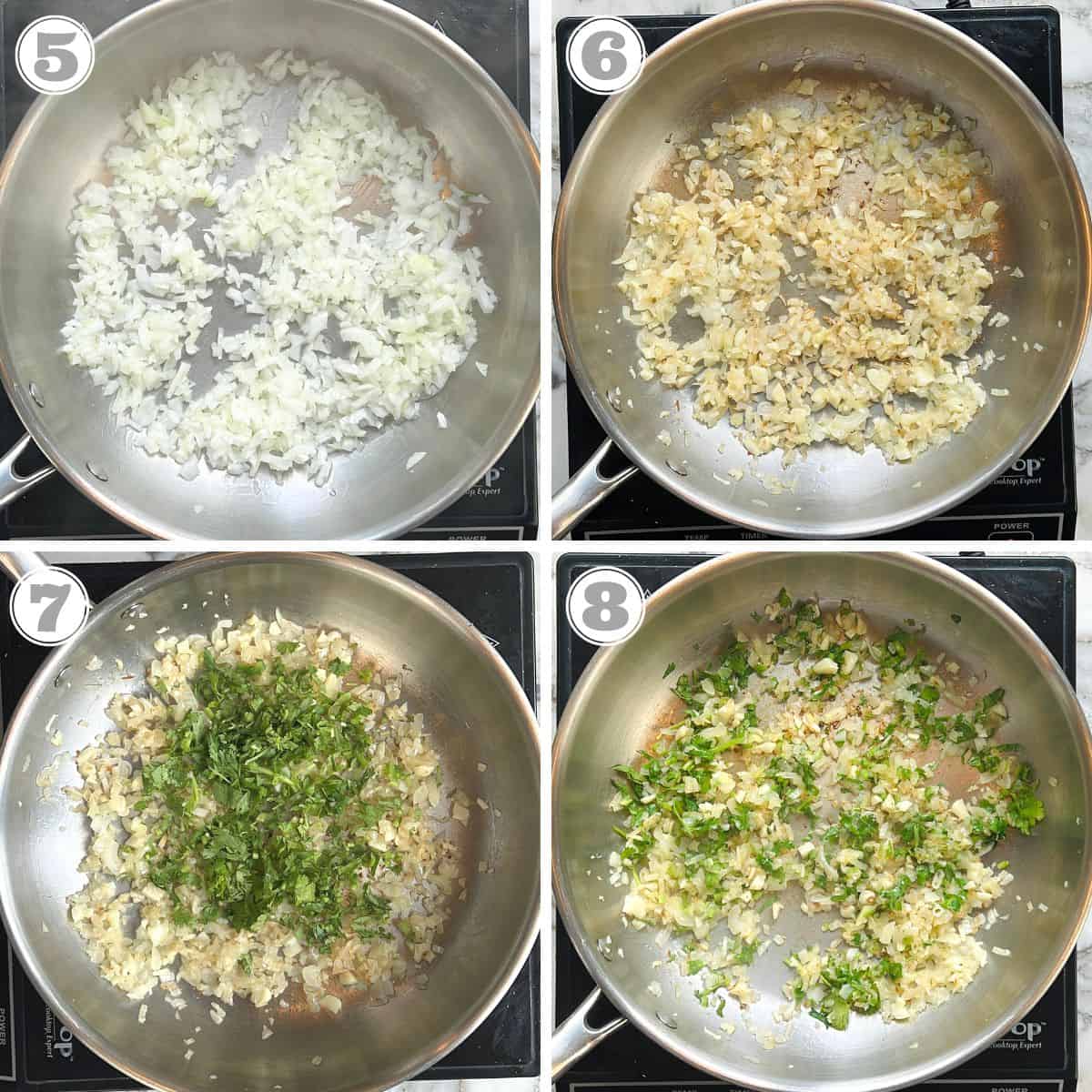 photos five through eight sauteeing onions and garlic for maswadi filling 