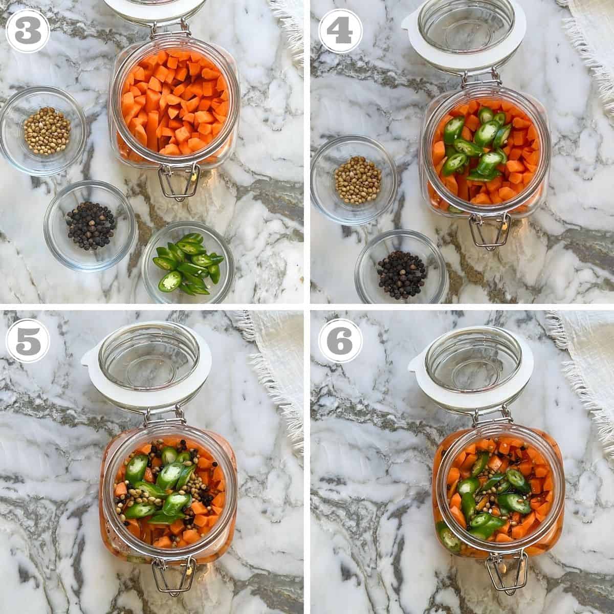 photos three through six showing how to make homemade pickled carrots 