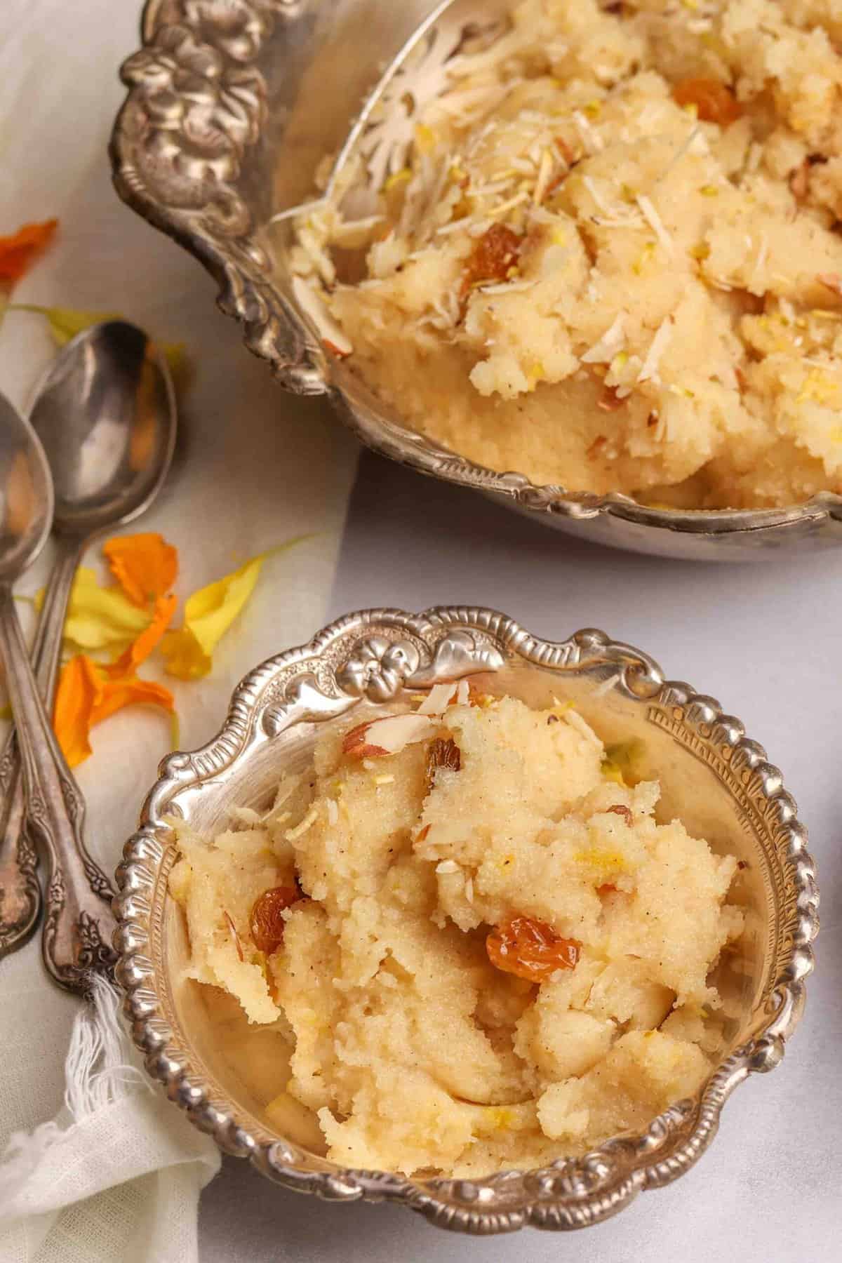 sooji halwa in a silver bowl 